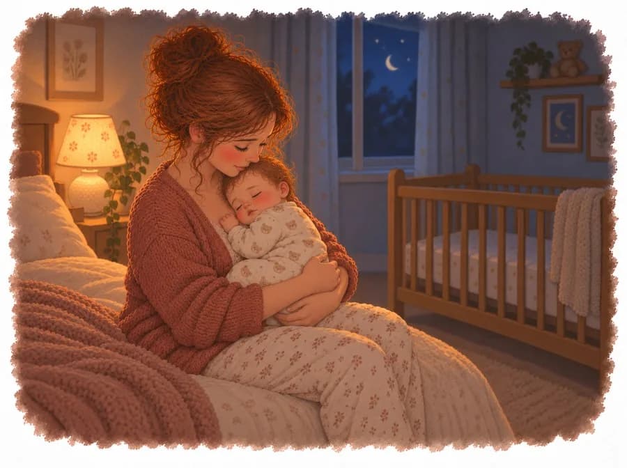 Madre agotada sentada en el borde de la cama de madrugada con su bebé de 5 meses que no duerme en brazos, ilustración en acuarela