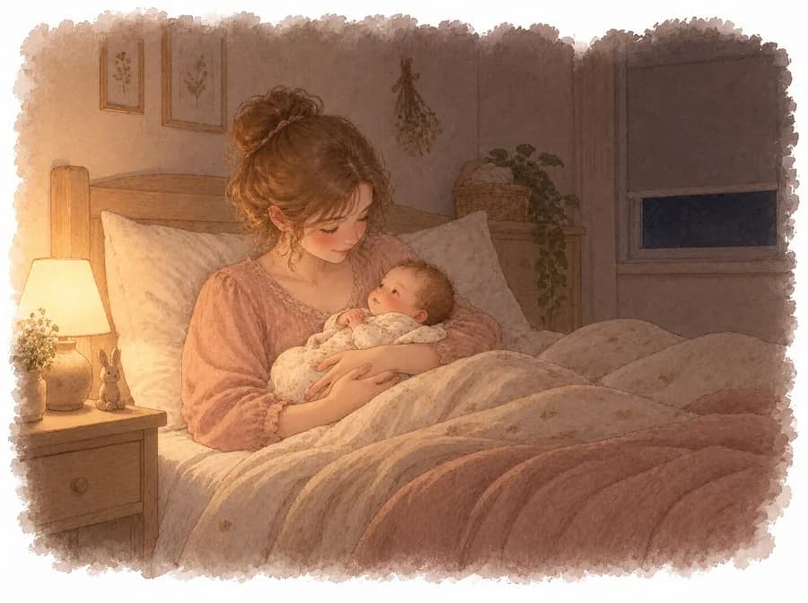 Madre con su recién nacido en brazos de madrugada junto a una lamparita muy tenue, mientras el bebé confunde el día con la noche, ilustración en acuarela