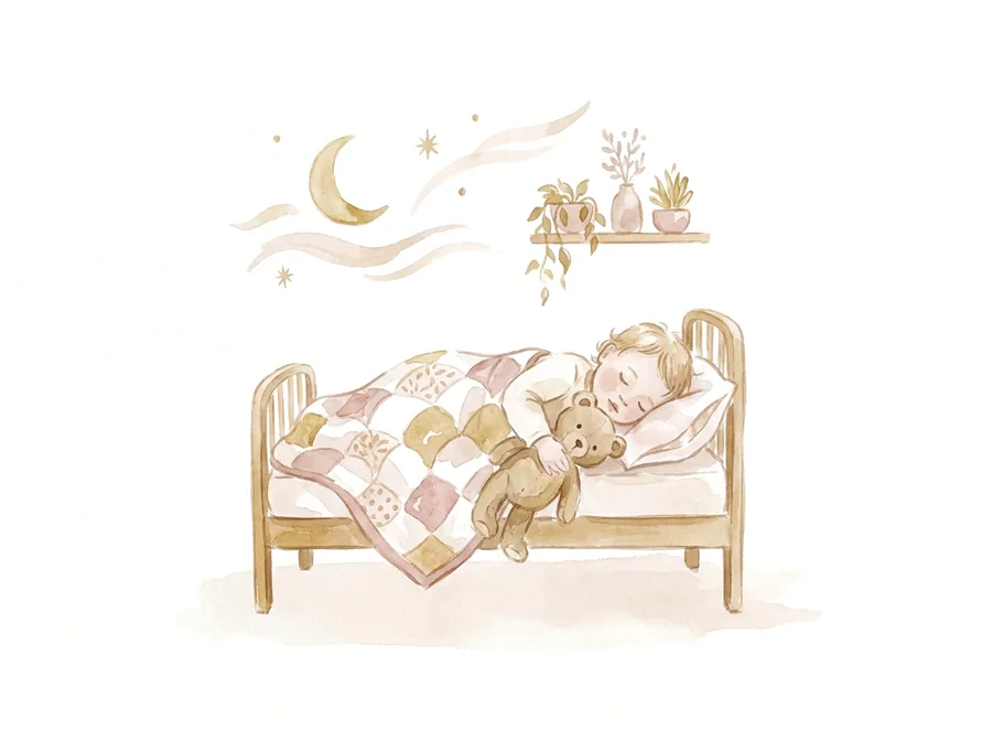Niño pequeño durmiendo en su cama de madrugada con la luna aún en el cielo, ilustración en acuarela