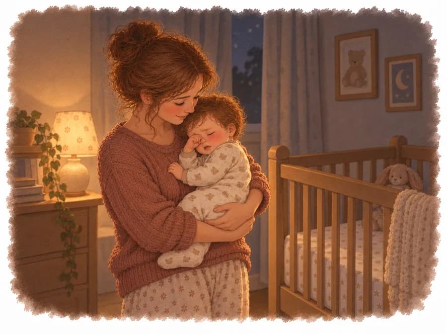 Madre meciendo en penumbra a su bebé sobrecansado que se frota los ojos junto a la cuna, ilustración en acuarela