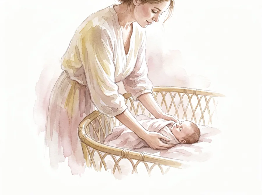 Madre dejando con cuidado a su bebé dormido en la cuna tras dormirle en brazos, ilustración en acuarela