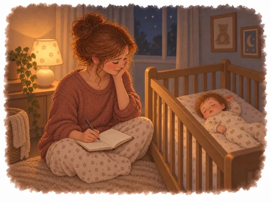 Madre sentada junto a la cuna anotando en una libreta cuántas horas duerme su bebé, que descansa a la luz de una lamparita, ilustración en acuarela