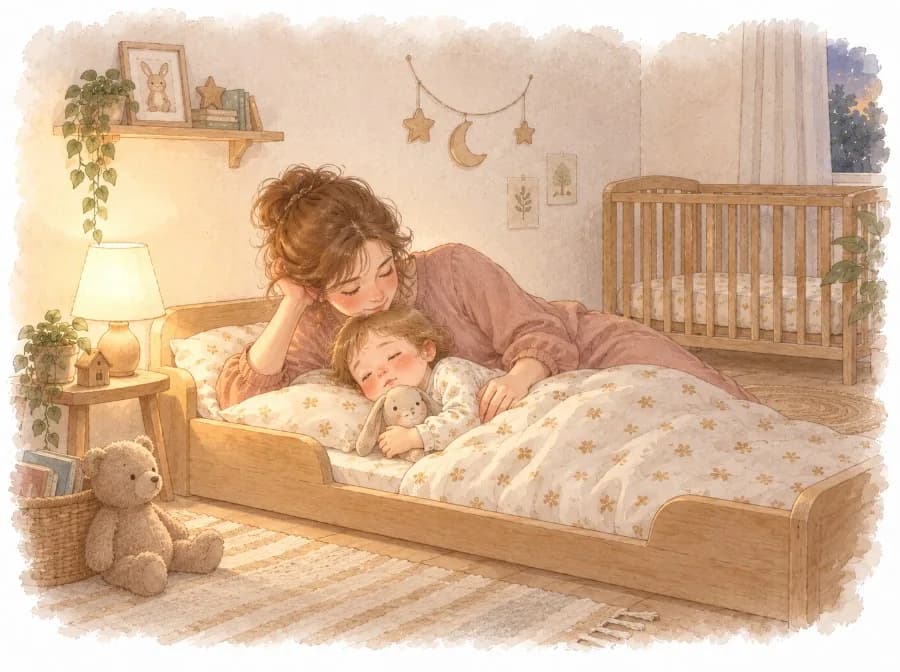 Madre tumbada junto a su hijo pequeño en una cama baja a ras de suelo, con la cuna vacía al fondo de la habitación, en su primera noche del paso de la cuna a la cama, ilustración en acuarela