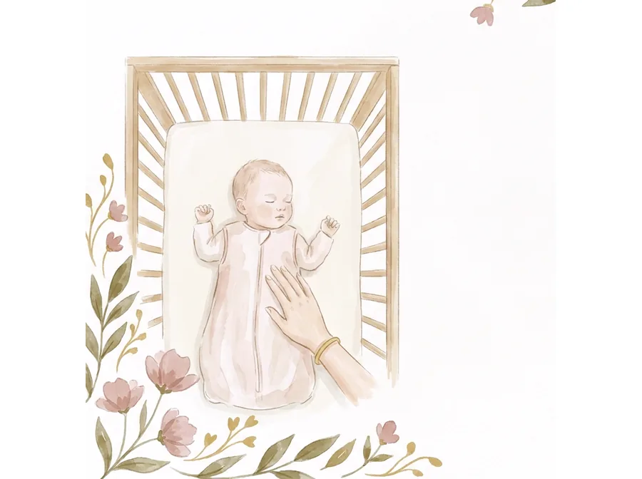 Mano de la madre posada con ternura sobre su bebé dormido en la cuna tras dejar el colecho, ilustración en acuarela