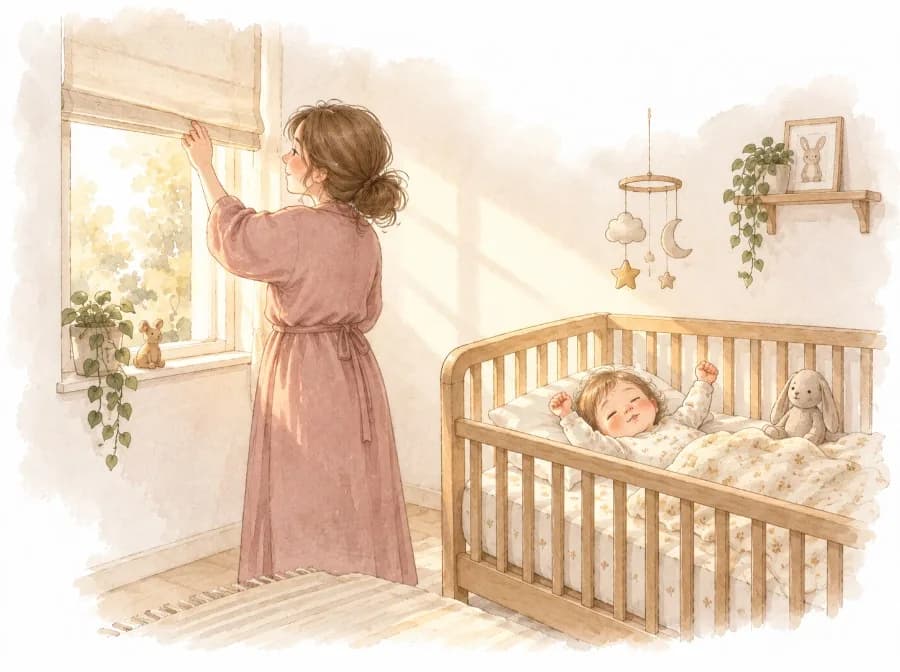 Madre subiendo la persiana con suavidad para despertar al bebé de la siesta en su cuna, con la luz de la tarde entrando en la habitación, ilustración en acuarela