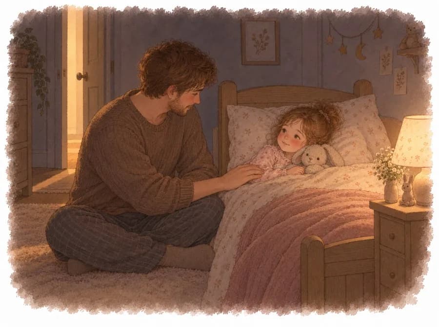 Padre sentado en el suelo junto a la cama de su hija pequeña con una lamparita tenue encendida, calmando sus miedos nocturnos, ilustración en acuarela