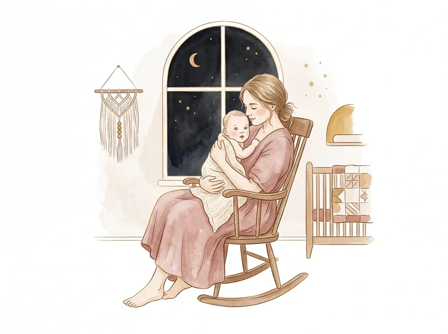 Madre meciendo a su bebé despierto durante un despertar nocturno de la regresión de los 12 meses, ilustración en acuarela