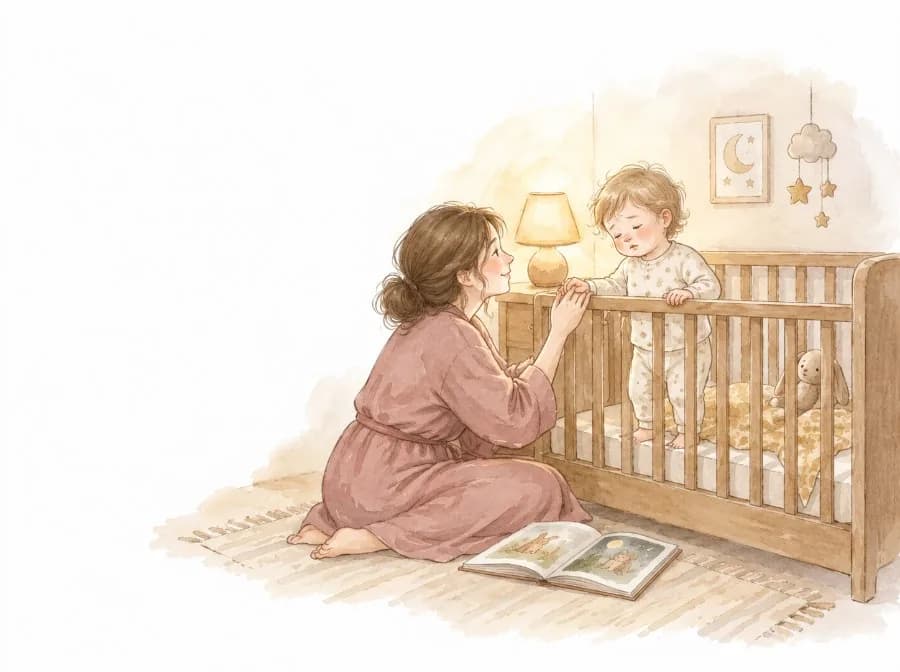 Madre sentada junto a la cuna de noche sosteniendo la mano de su hijo de 18 meses, que se resiste a dormir en plena regresión del sueño, ilustración en acuarela