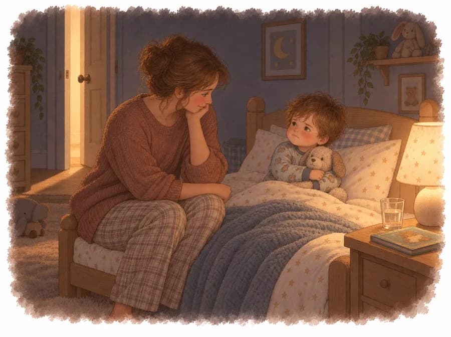 Madre sentada en el borde de la cama acompañando a su hijo de dos años que no quiere dormir, luz tenue de noche, ilustración en acuarela