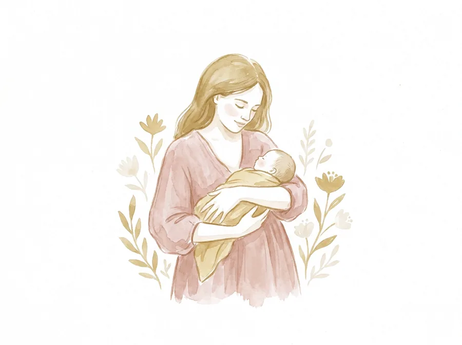 Madre calmando en brazos a su bebé durante la regresión del sueño de los 4 meses, ilustración en acuarela