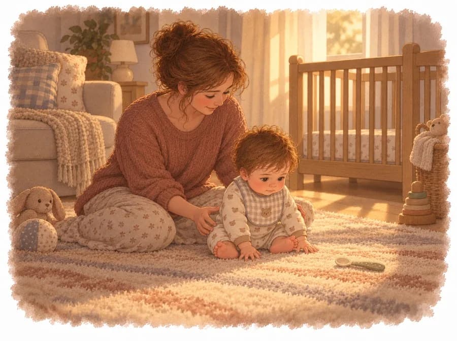 Madre sentada en el suelo junto a su bebé de 6 meses que intenta sentarse solo, en el salón al atardecer antes de la siesta, ilustración en acuarela
