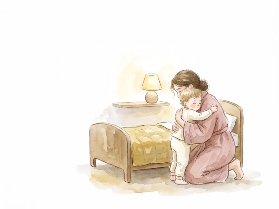 Madre abrazando a su hijo pequeño junto a la cama antes de dormir, calmando su ansiedad por separación, ilustración en acuarela