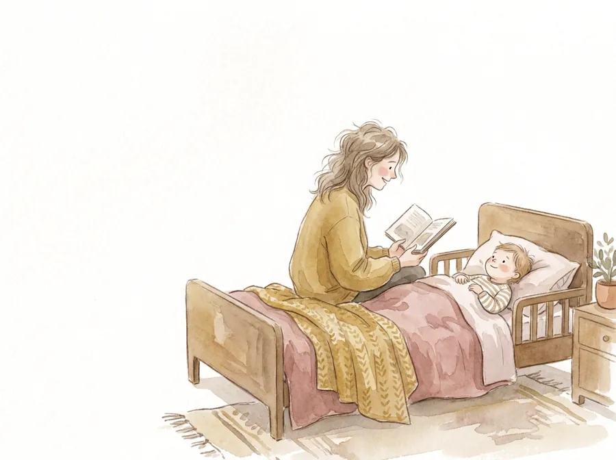 Madre leyendo un cuento a su hijo en la cama como parte de la rutina de sueño, ilustración en acuarela
