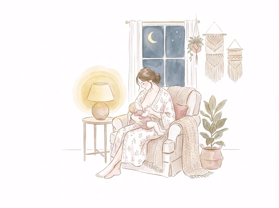 Madre dando una toma nocturna a su bebé en una butaca junto a la ventana con la luna de fondo, ilustración en acuarela