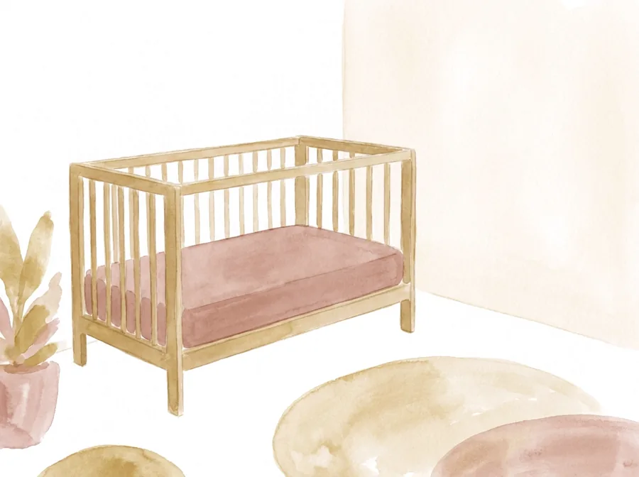 Cuna de madera preparada para la siesta del mediodía en una habitación luminosa, ilustración en acuarela